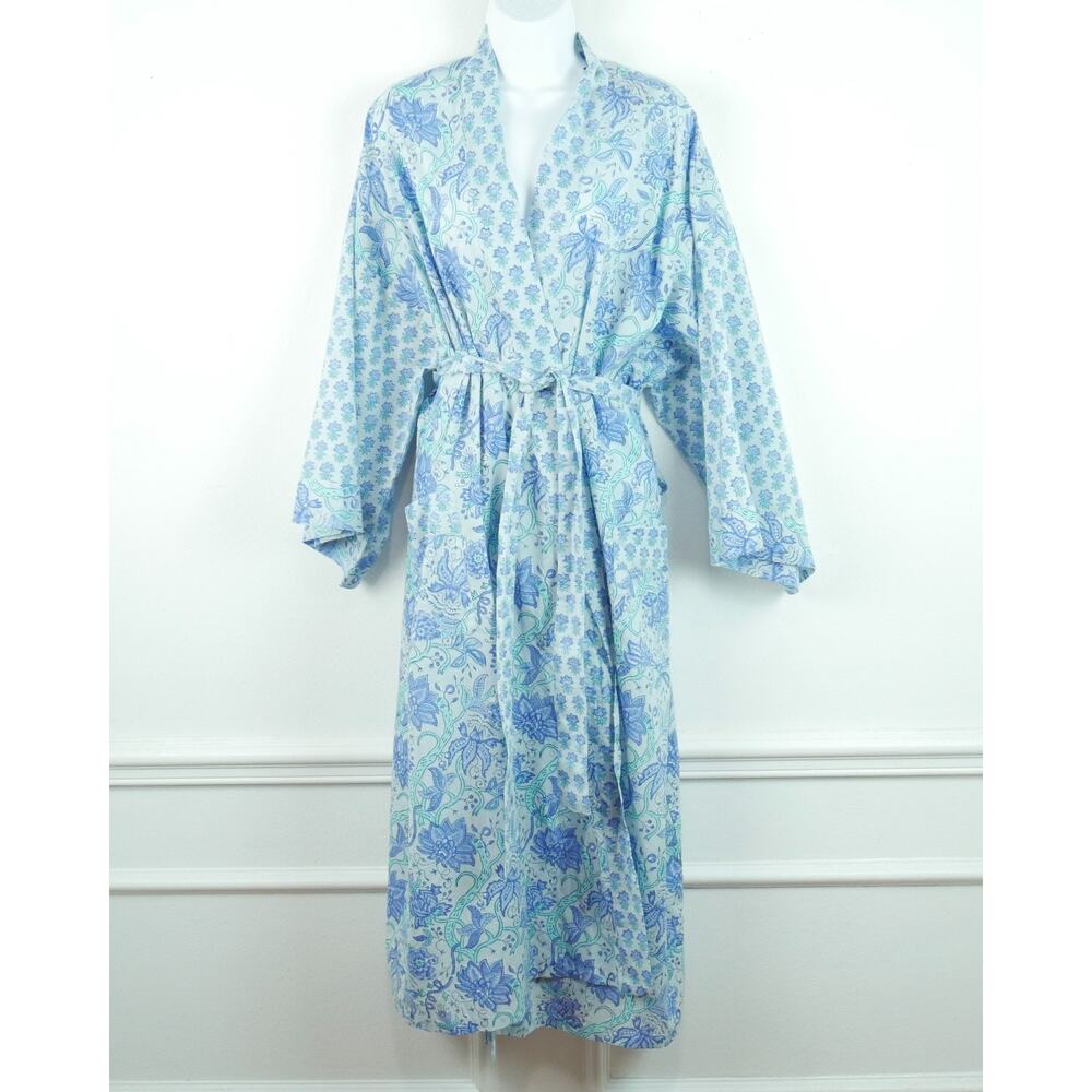 Sevya Kimono Robe Indian Cotton Block Print Boho Lounge Beach Blue Floral‎ NWT